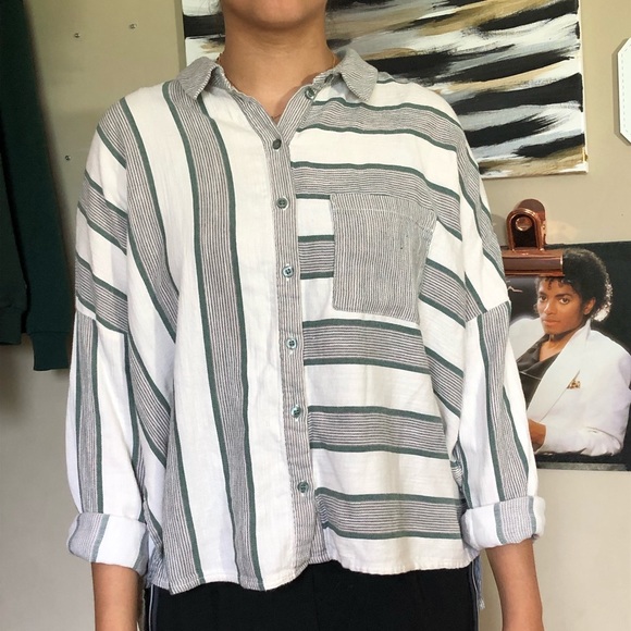 Mix-Match Green Striped Button-Down Blouse - Picture 6 of 6